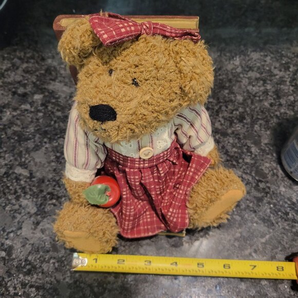 Vintage Teddy Bear Bookend - Red Gingham Dress & Bow Holding an Apple - Picture 6 of 16